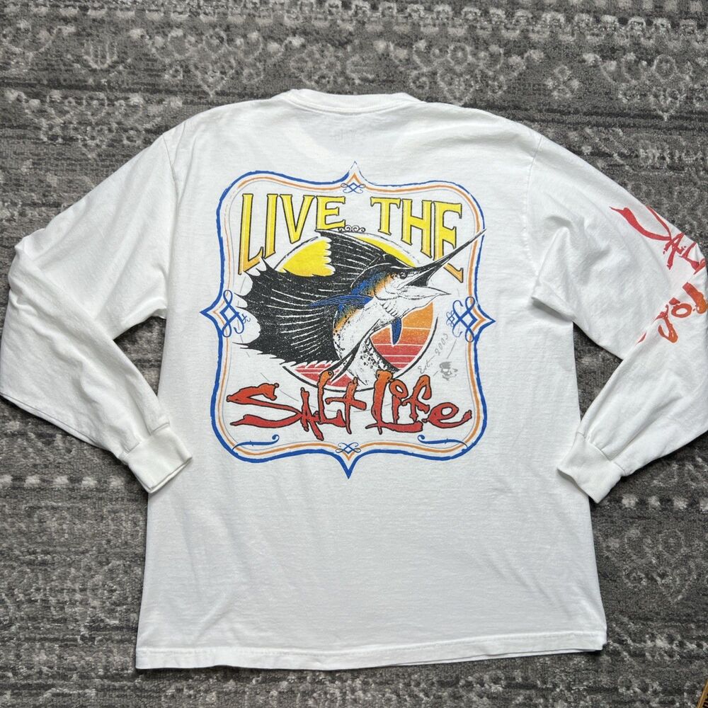 Salt Life Mens Long Sleeve Fishing T Shirt Medium White Graphic Print Marlin
